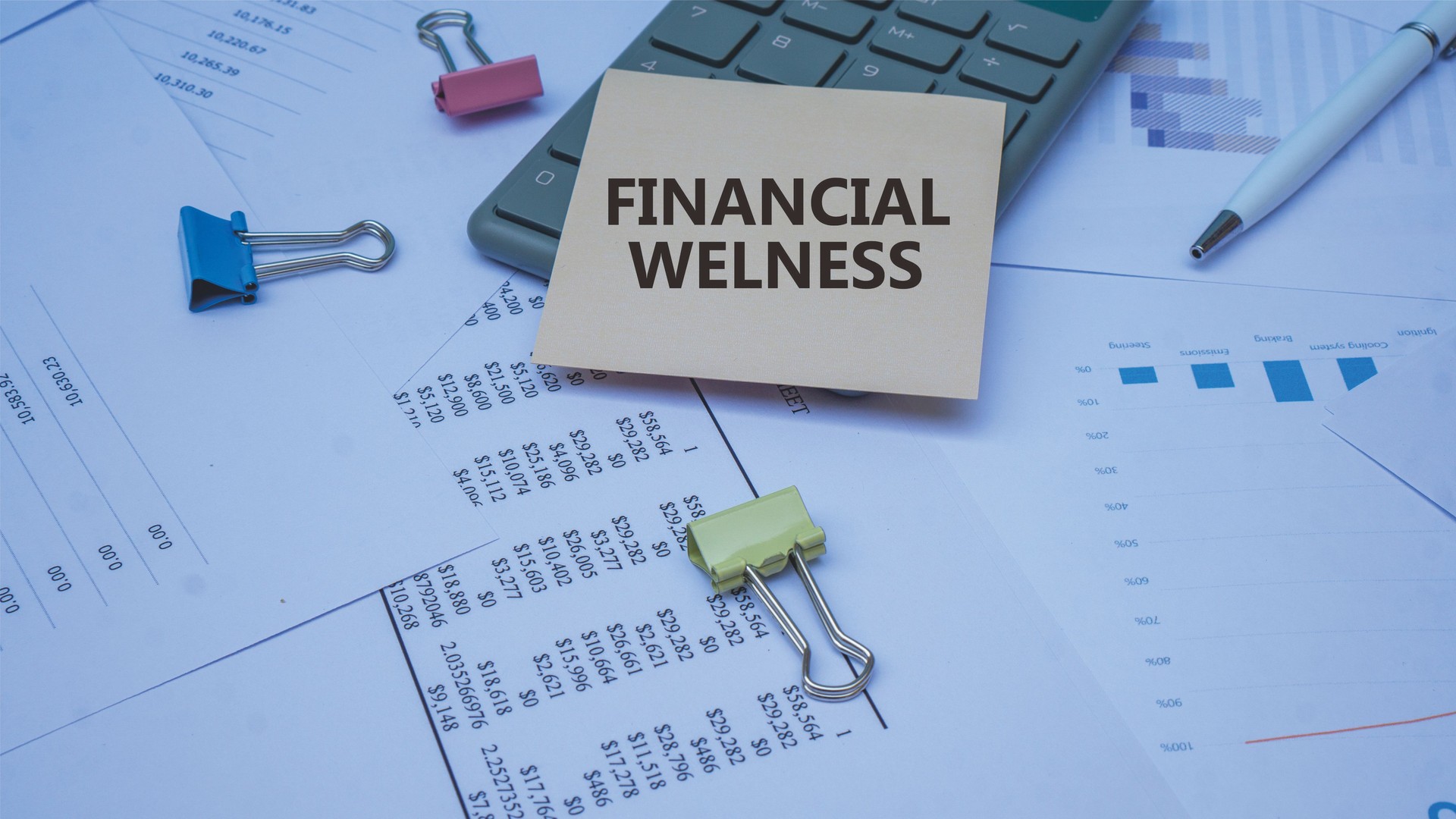 FINANCIAL WELLNESS word. Copy space. Concept word FINANCIAL WELLNESS on notes with calculator and diagram charts on the background. Business and financial concept.